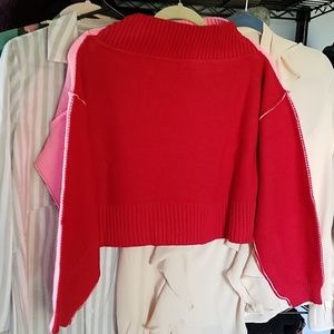 Pink Red bicolor cropped mock neck sweater